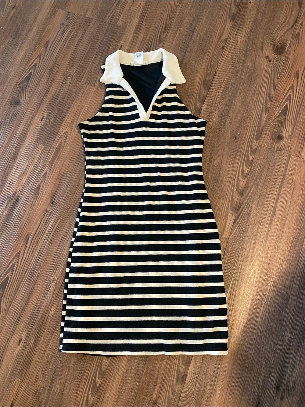 Black and Cream Striped Sleeveless Polo Mini Dress